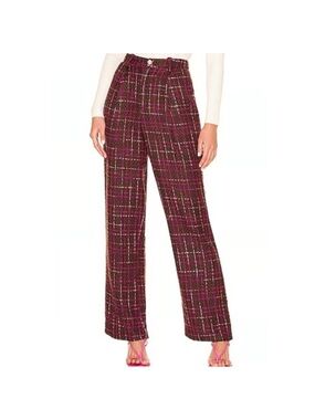 MAJORELLE High-Rise Wide-Leg Plaid Tweed Pants in Deep Magenta & Black